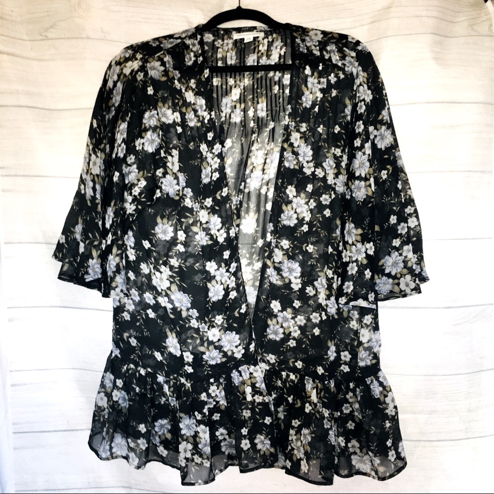 American Eagle Sheer Shawl Top Open Floral Ruffle
